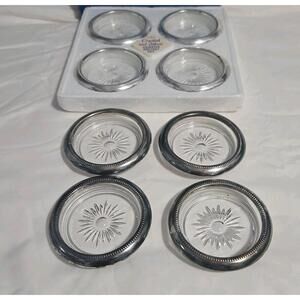 Vintage Leonard Italian Crystal & Silver Plate Coaster Set x 8 Starburst design